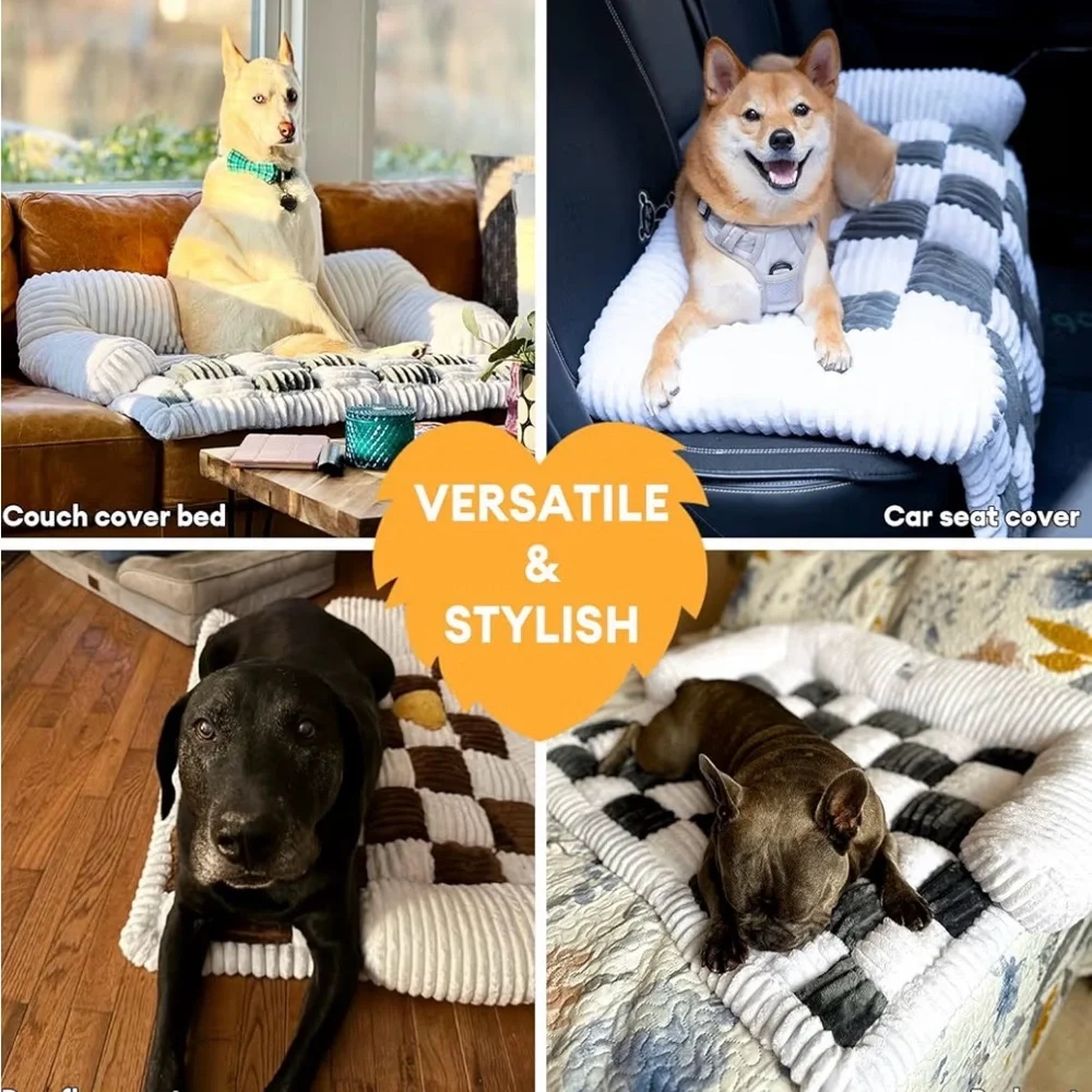 FUNNY FUZZY Pet Couch Covers for Sofa, Cream Square Plaid Cozy Sofa Pad, Black